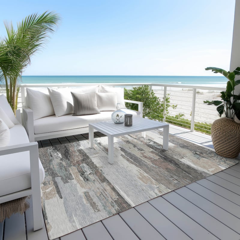 Machine Washable Indoor/ Outdoor Abstract Contemporary Chantille Rug