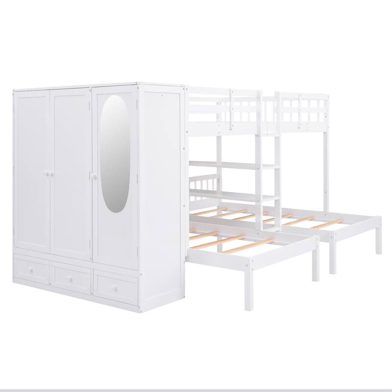 Full-Over-Twin-Twin Bunk Bed with Shelves Wardrobe and Mirror