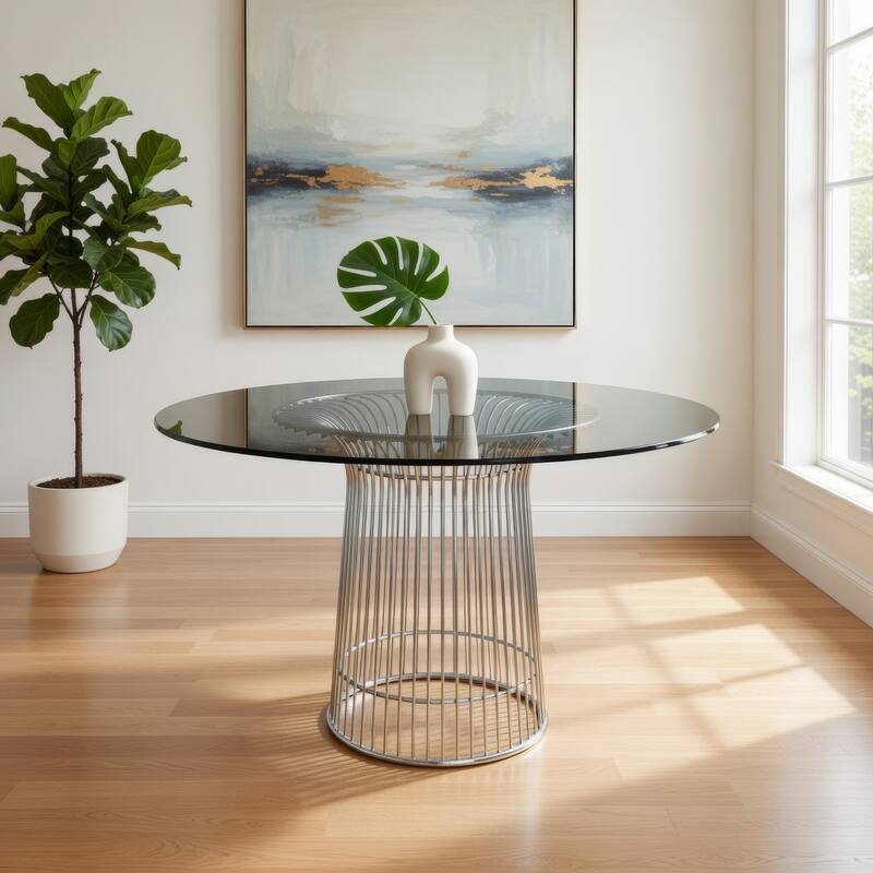 Pima 40 Inch Dining Table, Round Tempered Glass Top, Open Padestal Base