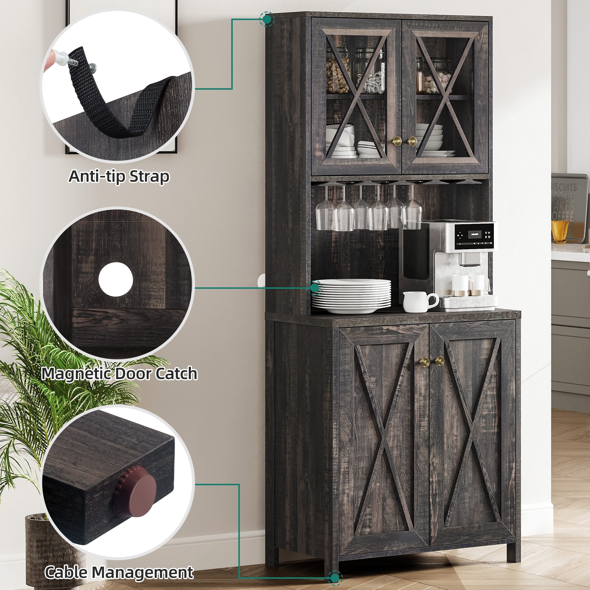 Wedealfu Inc Farmhouse Bar Cabinet for Liquor and Glasses for Dining Room Kitchen Cabinet with Wine Rack, Size: Grey