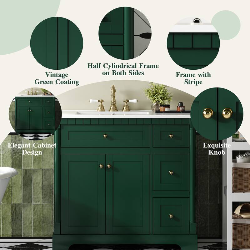 Roomfitters 36 Inch Bathroom Vanity with Sink, Modern Storage Cabinet with Adjustable Shelf and Drawers, Green