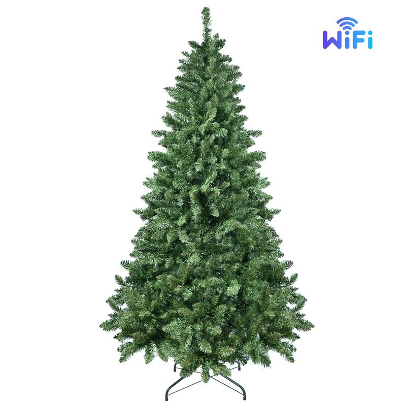 Smart Pre-Lit Christmas Tree - WiFi-Controlled RGB LED Lights, Music Sync, Hinged Structure, Metal Stand - Green