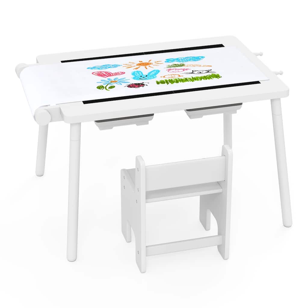 Kids Activity Table and Chair Set with Storage Paper Roll and Chalkboard Blocks Board for Age 2-8 Years - 35.5" x 21.5" x 17"
