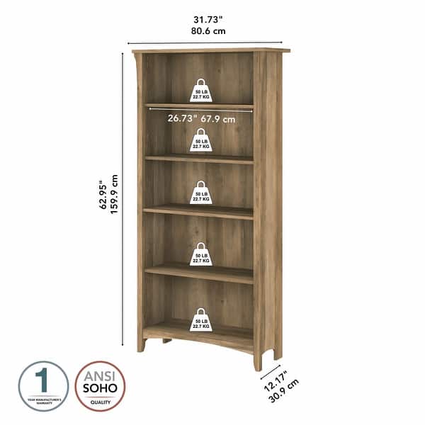 dimension image slide 5 of 7, Bush Furniture Salinas Tall 5 Shelf Bookcase with Adjustable Shelves