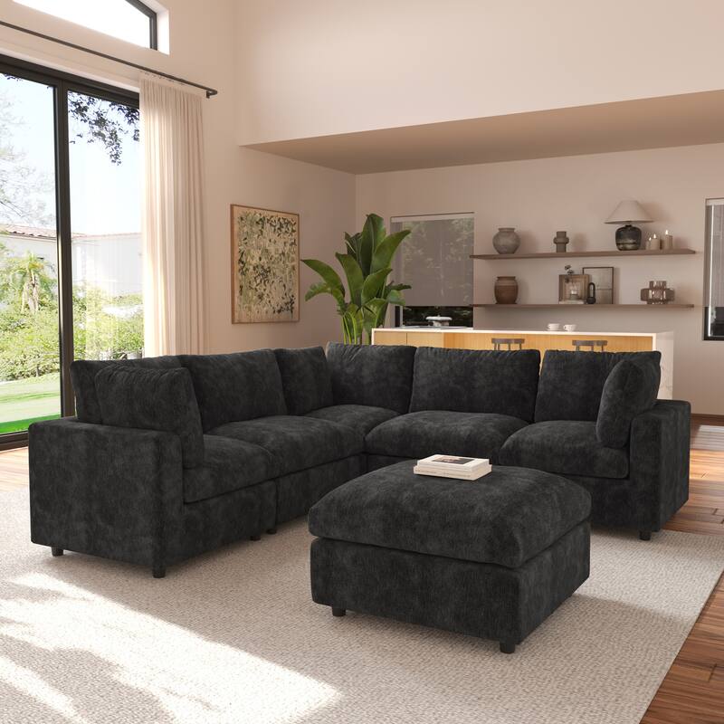 100.5'' V-shape Cloud Corner Sectional Sofa Chenille 5-Piece Modular Couch for Living Room Set - Black-5seats+ottoman