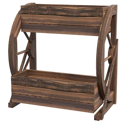 Carbonized Fir Wood Raised Planter with Wagon Wheel Design