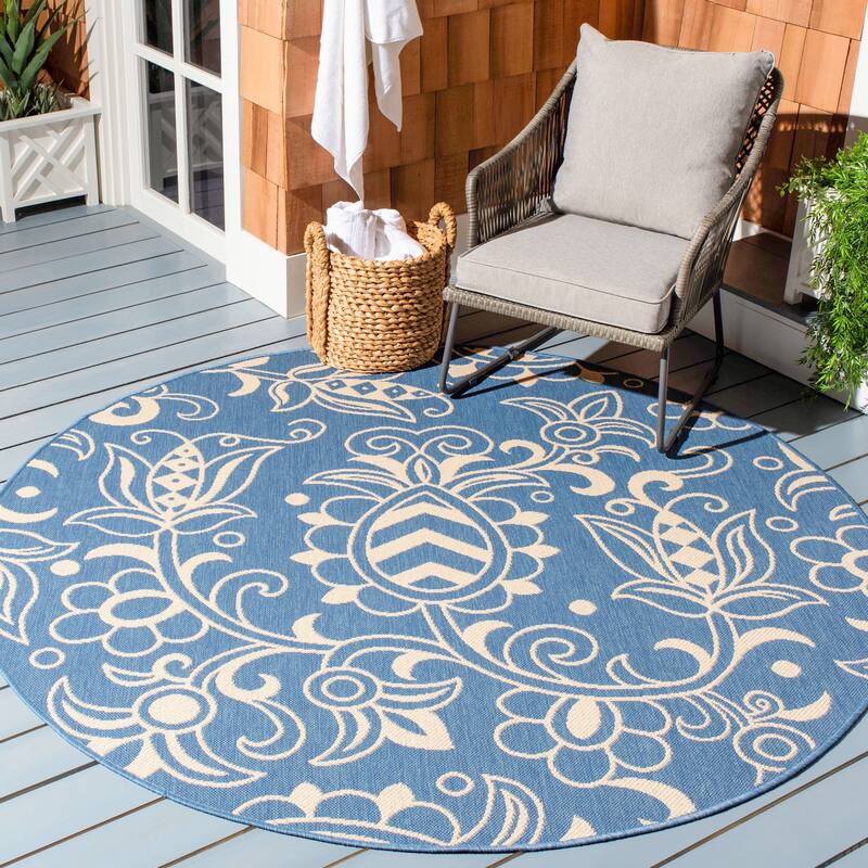 SAFAVIEH Beach House Jula Indoor/ Outdoor Waterproof Patio Backyard Rug - 6'7" Round - Blue/Beige