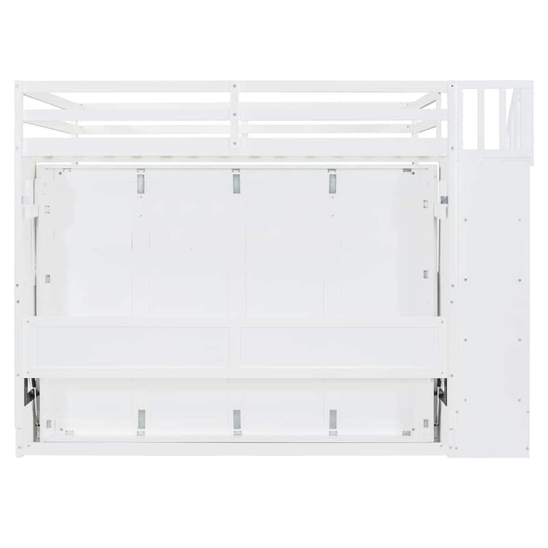 Full Over Full Versatile Wooden Murphy Bed with Storage Staircases & Desk, Space-Saving Foldable Wall Bed with Hydraulic Lift