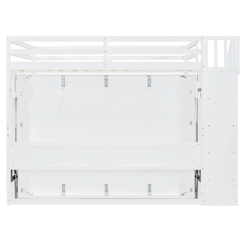 Full Size Convertible Murphy Bunk Bed with Hydraulic Lift, Built-in Desk & Storage Staircase, Space-Saving Wall Bed