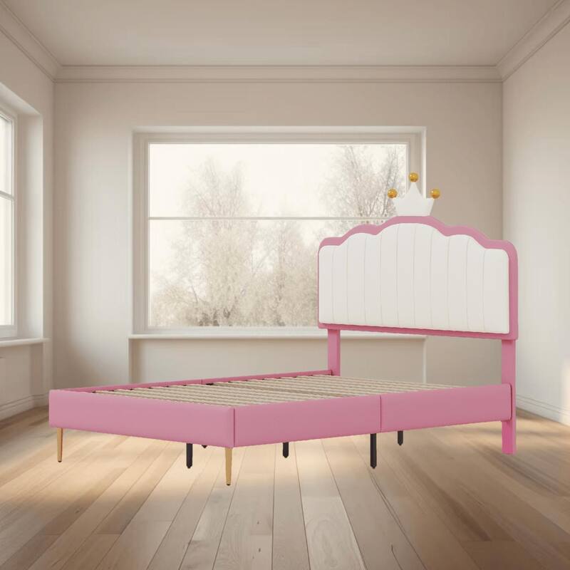 Twin and Full Size Upholstered Princess Bed Frame with Crown Headboard, Golden Metal Legs, and Light Strip for Kids Bedrooms - Pink - Twin