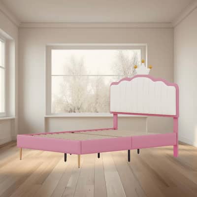 Twin and Full Size Upholstered Princess Bed Frame with Crown Headboard, Golden Metal Legs, and Light Strip for Kids Bedrooms