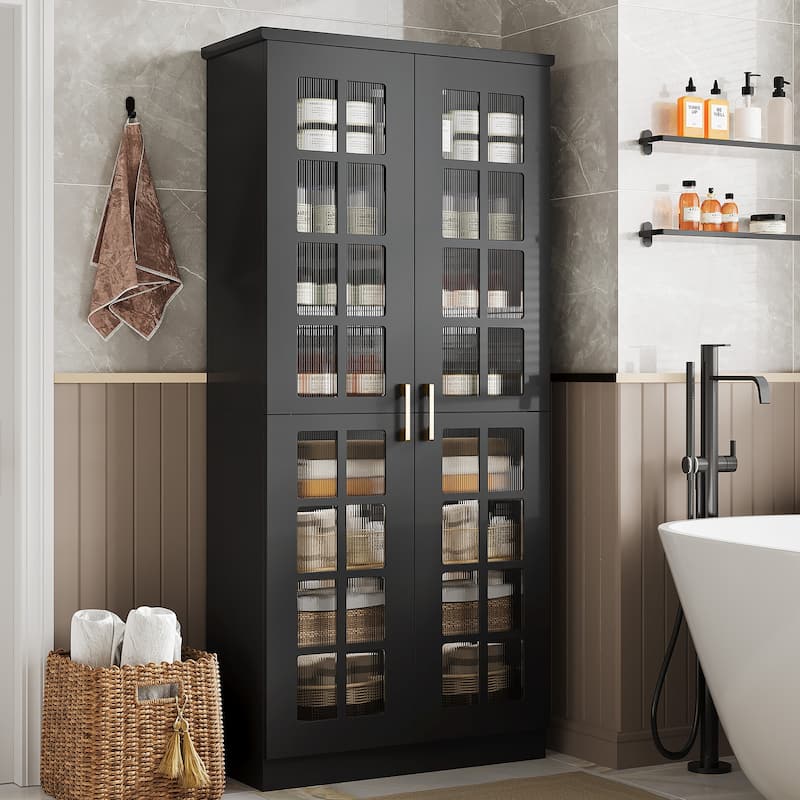 8 Tier Tall Modern Bookcase with Acrylic Doors, Adjustable Shelves