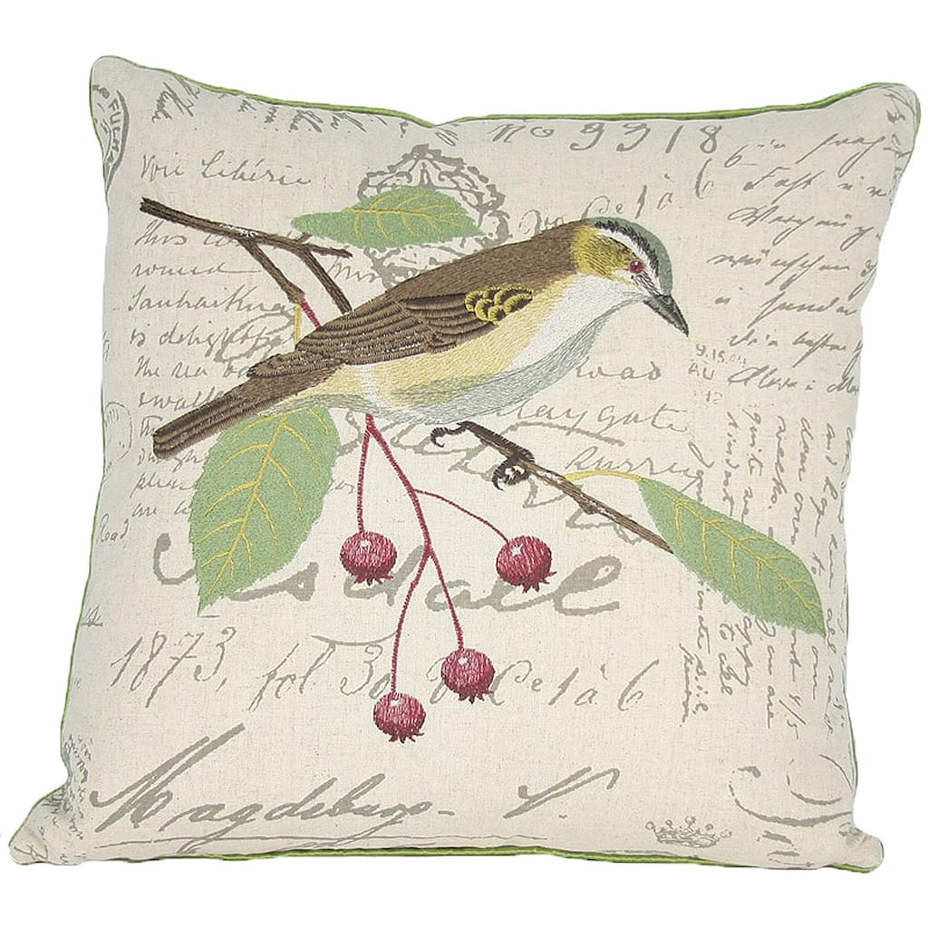 18"x18" Beige and Green Bird Linen Blend Bird Print Zippered Pillow