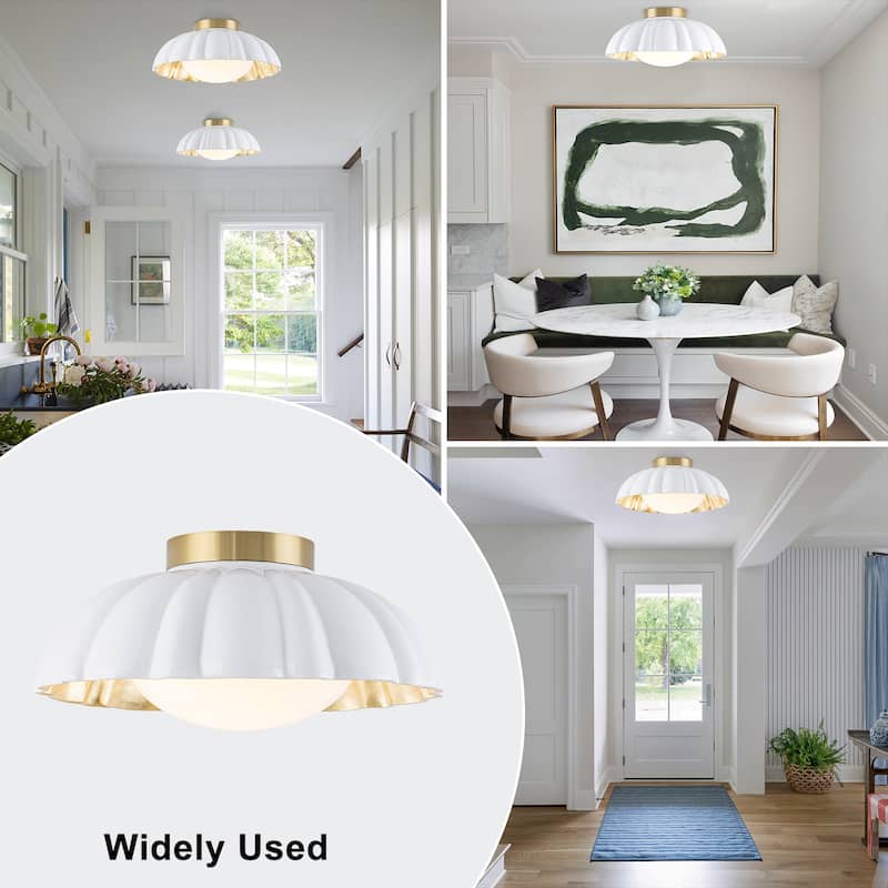 Dome Milky White Shade Flush Mount Ceiling Light with Gold Foil Interior - Dia.13.58-in