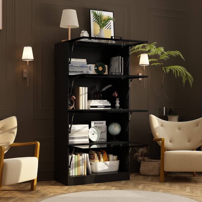 Modern Bookshelf with Adjustable Lighting Strips and Four Handles