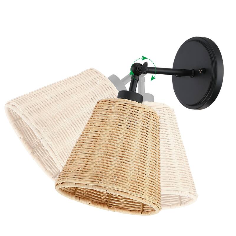 1-Light Boho Natural Rattan Hardwired Wall Sconce with Adjustable Swivel Swing Arm