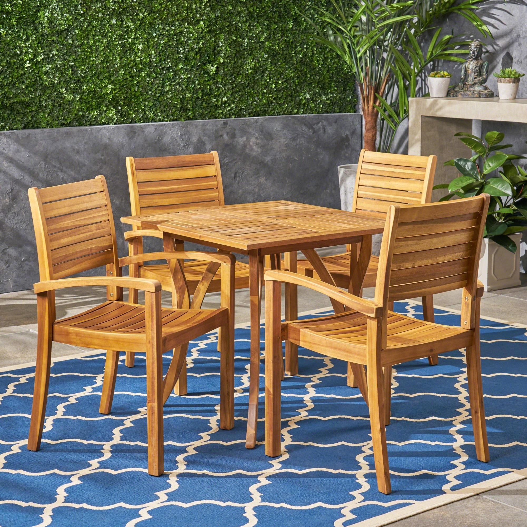5 Piece Teak Finish Square Wood Outdoor Furniture Patio Dining Set