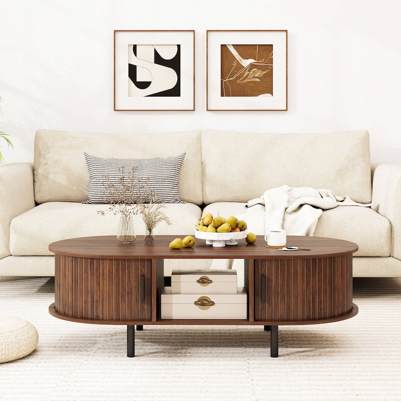 Costway 48" Mid Century Center Table with Sliding Fluted Doors & Open - See Details