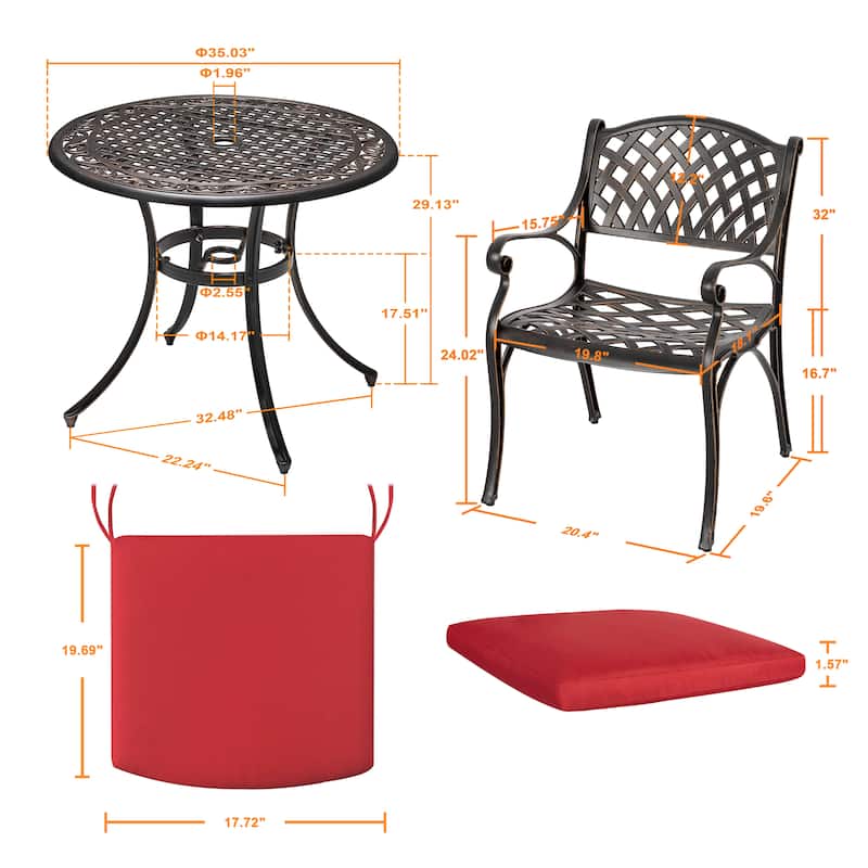 Outdoor 3-Piece Bistro Set with Umbrella Hole, Black with Gold-Painted Edge