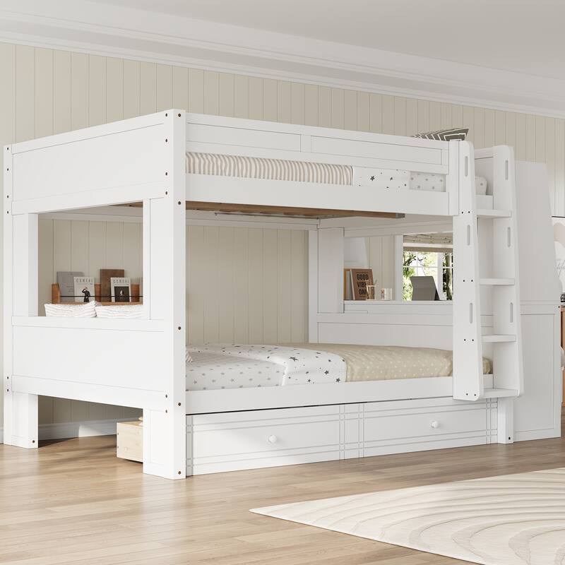 Full Size Multifunctional Bunk Bed Frame with Bookshelves, Desk and Cabinet, Optional with Pull-out Drawers or Trundle Bed