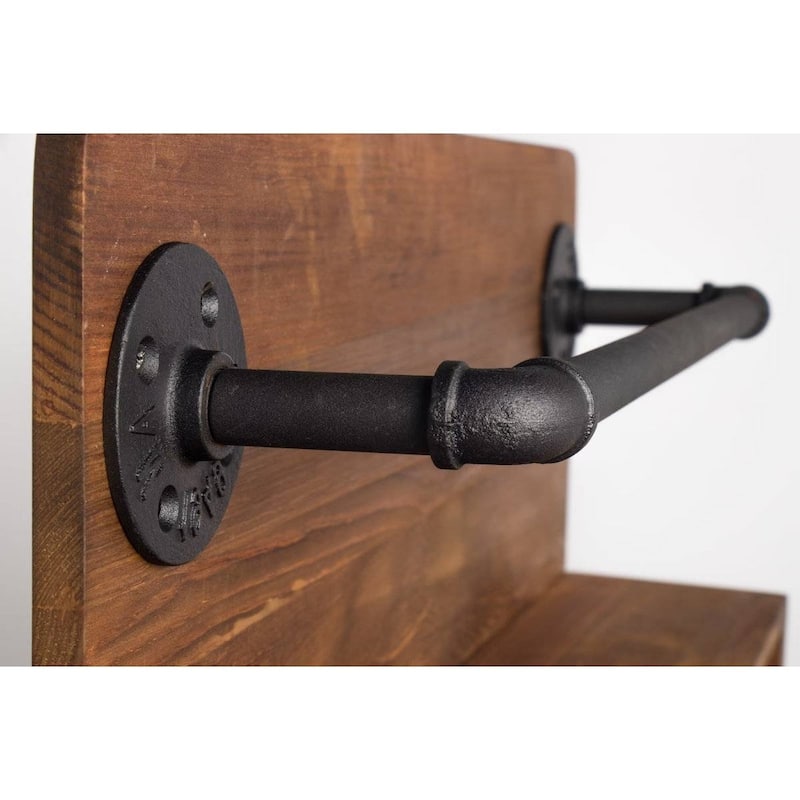 Rustic Brown Solid Wood Metal Wall-Mounted Wine Rack with Bottle and Glass Holder - 5.2'' D x 23.62” W x 11.81” H