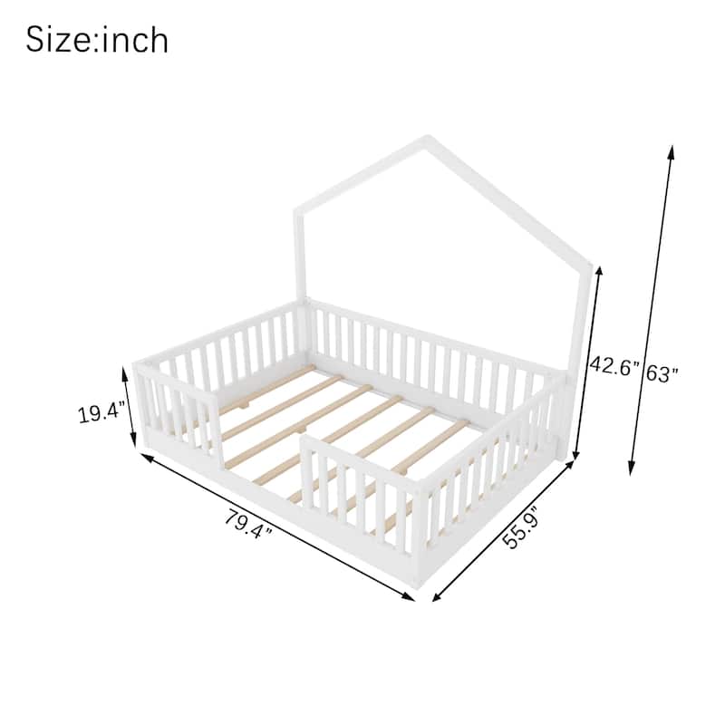 Wood Floor Bed with High Guardrails and LED Light, Montessori Style Low Profile Bed for Kids