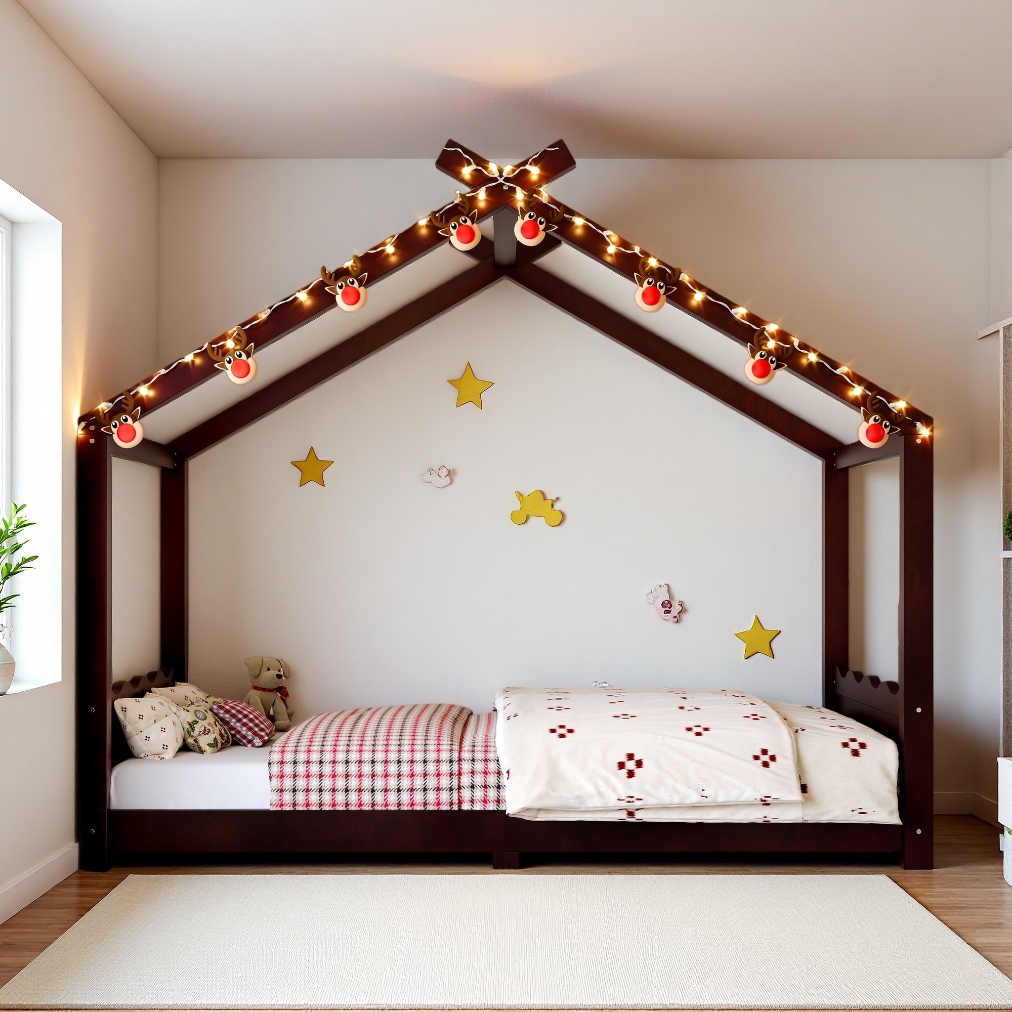 Twin Solid Wood Kids House Floor Bed, Support Slats, No Box Spring, Montessori Low-Profile