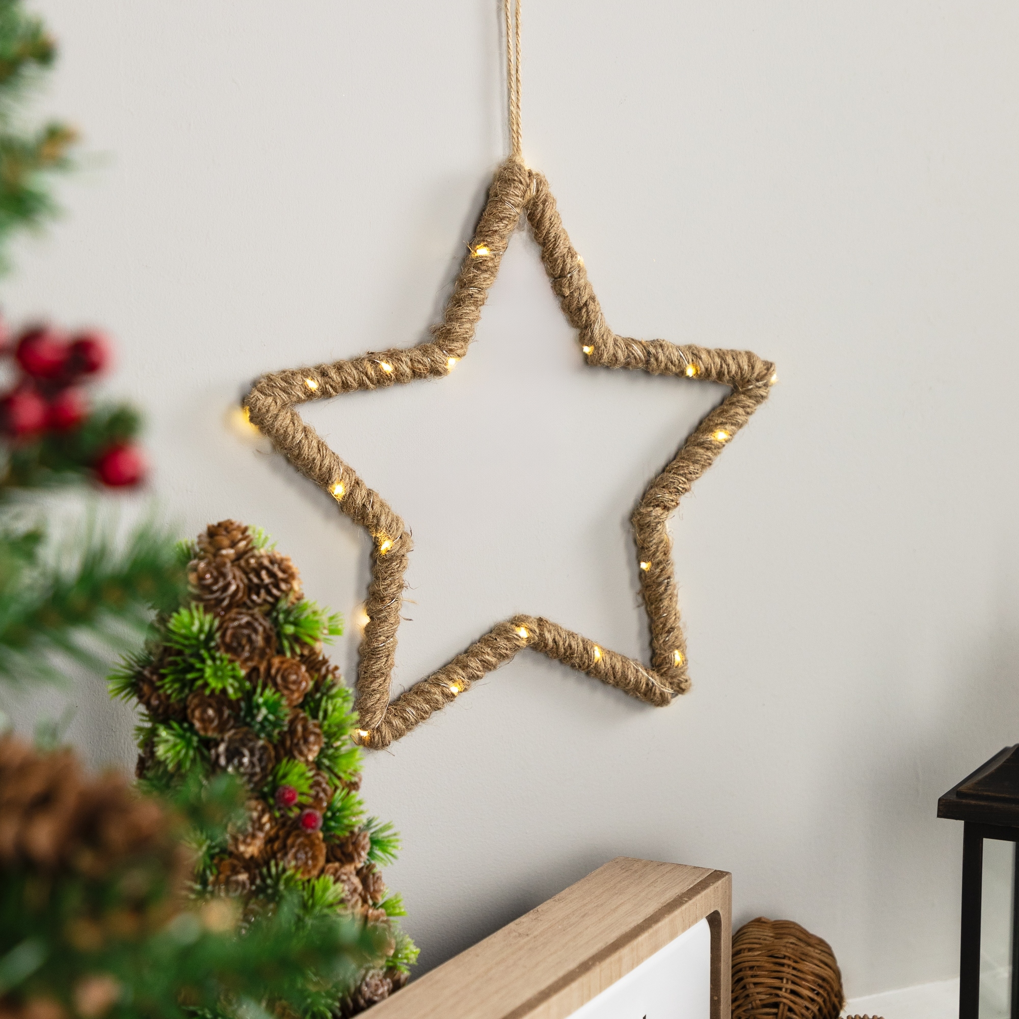 Lighted Jute Wrapped Star Silhouette Christmas Hanging Decor 11.5"