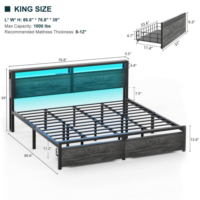 Platform Bed with Storage Headboard, Bed Frame with Charge Station and LED Light