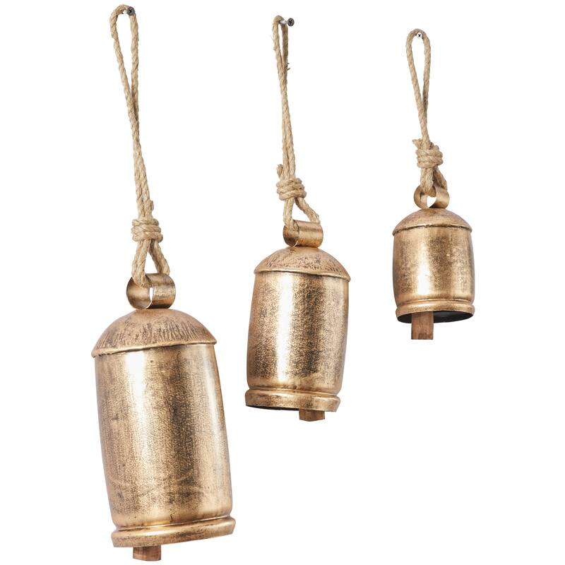 Gold, Gray, Bronze, Black or Red Metal Tibetan Inspired Decorative Cow Bells with Jute Hanging Rope (Set of 3)