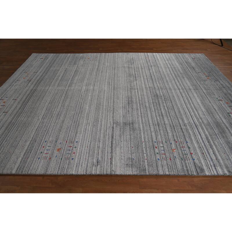 Hand Knotted Oriental 100% Wool Carpet Tribal Stripe Greys & Charcoal Gabbeh Area Rug - 9' 10'' X 8' 1''