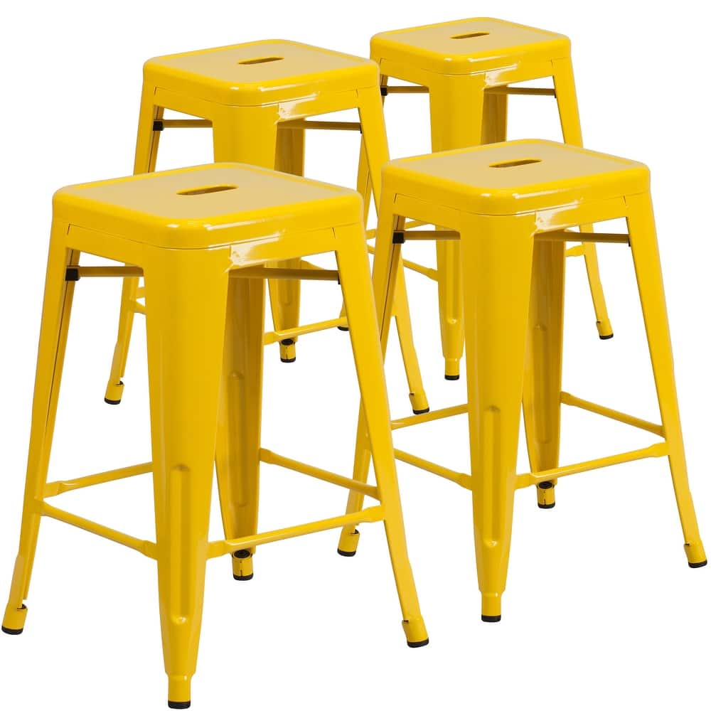 4 Pack 24"H Backless Metal Indoor-Outdoor Counter Height Stool w/Square Seat