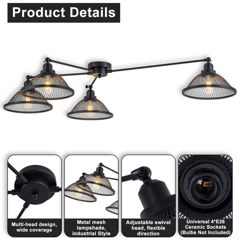 4 Lights Industrial Cone Shaped Iron Mesh Flush Mount Ceiling Light - Dia.47.24-in