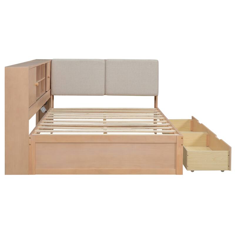 L-Shaped Daybed with Bookcase & USB Charging Port, Wood Floor Corner Bed Frame with Storage Drawers & Upholstered Headboard