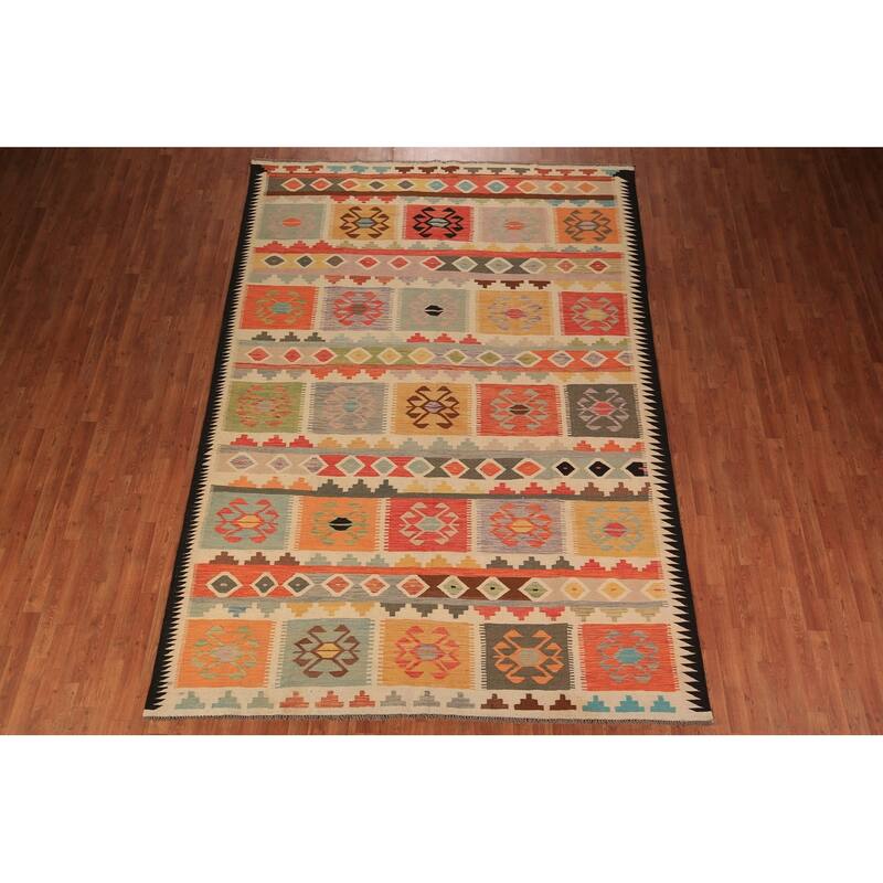 Reversible Geometric Multi-Color Kilim Area Rug Hand-Woven Wool Carpet - 7'11" x 11'2"