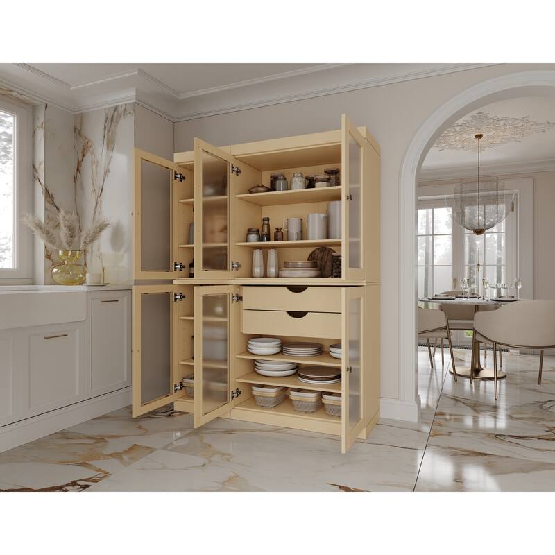 100% Solid Wood 48.5" Pantry Cabinet with Frosted Glass Doors and 2-Drawers - Yellow