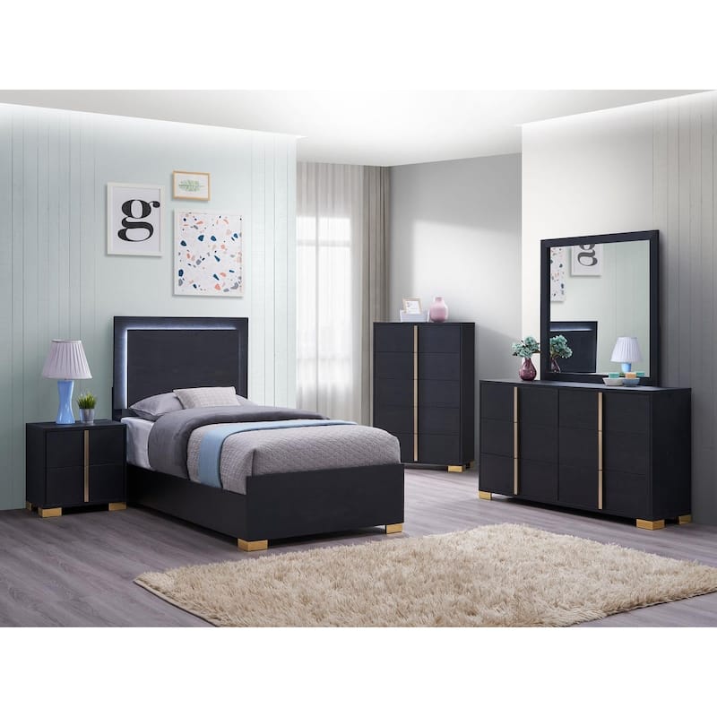 Medici Black 5-piece LED Headboard Panel Bedroom Set - Twin