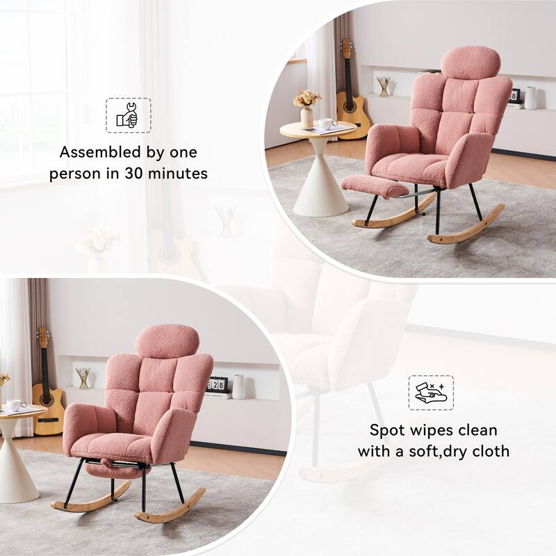 Teddy Fabric Upholstered Modern Nursery Rocking Chair with Footrest & High Backrest