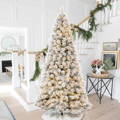 Glitzhome 6FT/7.5FT/9FT Warm White or Multi-Colored Pre-Lit Flocked Pine Artificial Christmas Tree