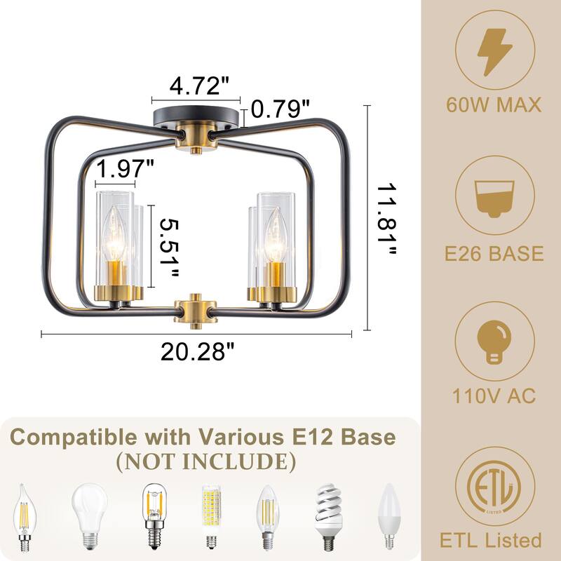 4 Light Industrial Black Metal Flush Mount Ceiling Light with Glass Tube Shade - Dia.20.28-in