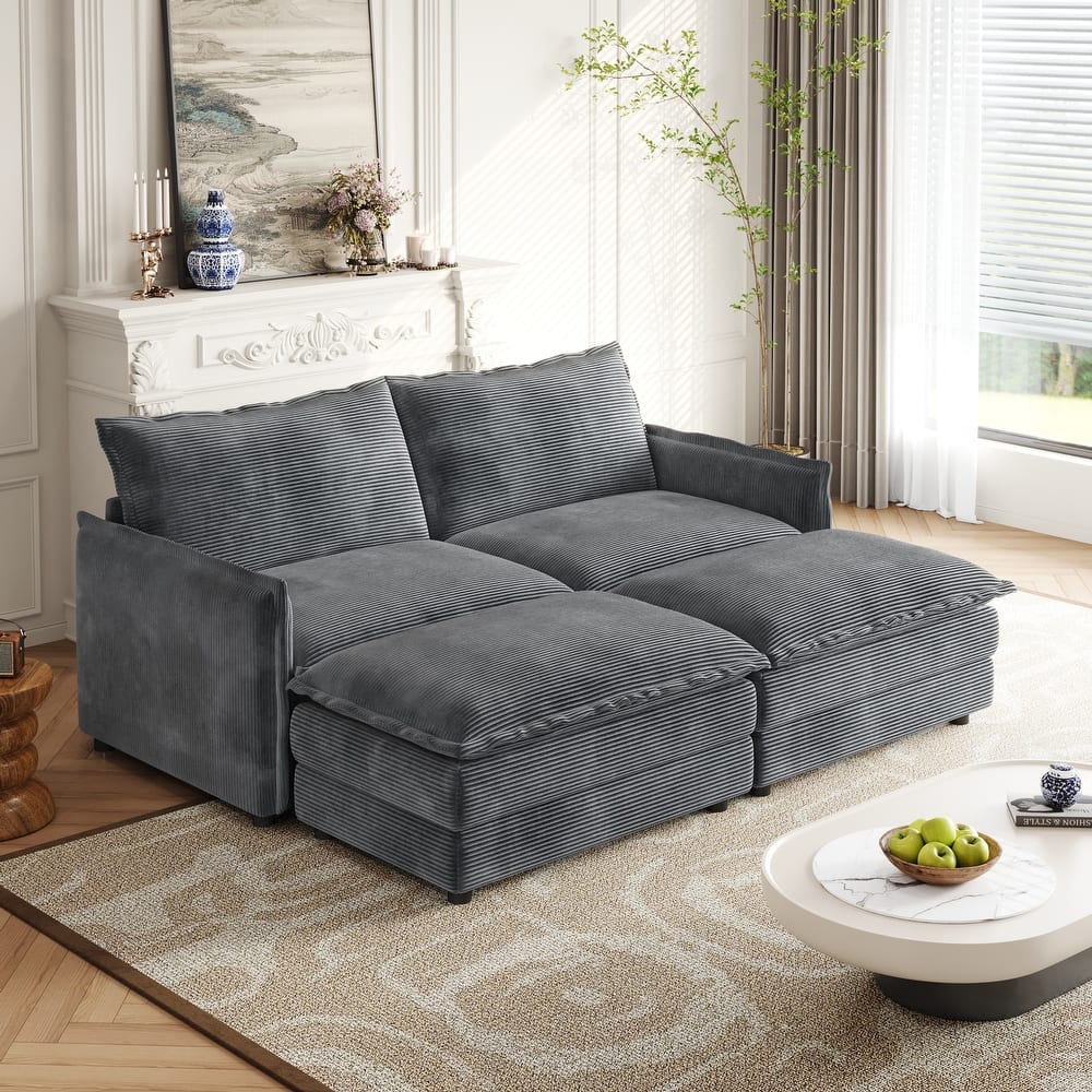 Corduroy Cloud Sleeper Sofa Bed Modular Sectional Sofa with Chaise Lounge Living Room Loveseat Couch with 2 Ottomans