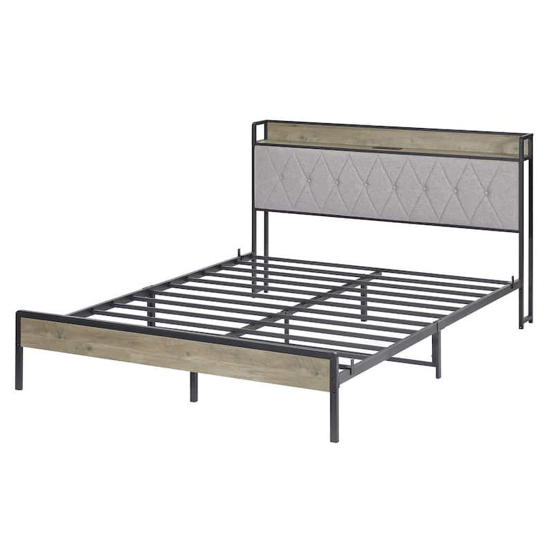 Grey Queen Size Bed Frame with Charging Station, Particle Board and Steel, 2 USB Ports,