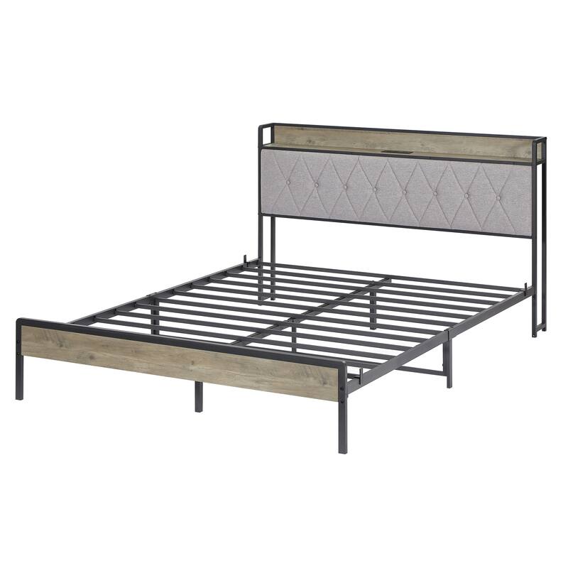 Platform Bed with 2 USB Ports, Power Outlets, and Storage Headboard - 1000 LB Capacity.