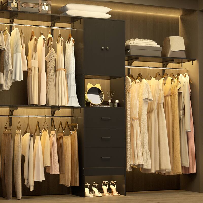 20''-96'' Wide Wooden Closet Organizer With Doors, Adjustable Closet System with Drawers and Hanging Rods