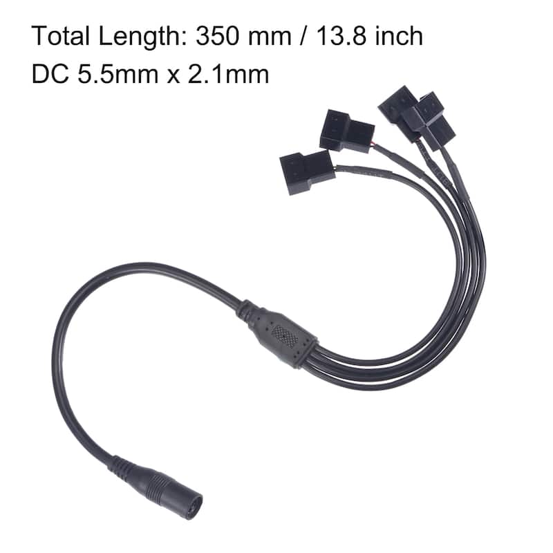 Fan Power Supply Cable DC 5.5mmx2.1mm to 4 Port 3 Pin or 4 Pin Output - Black - 13.8 Inch