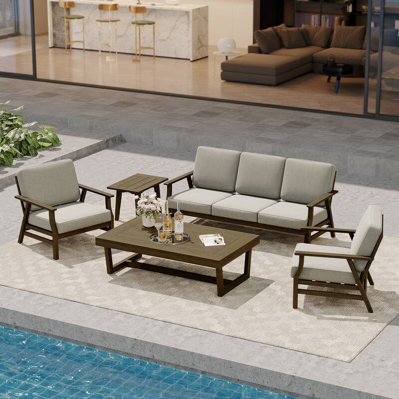 Modern Wood Cushioned Outdoor Patio Sofa Loveseat with Coffee Table - Sofa Set - Light Camel