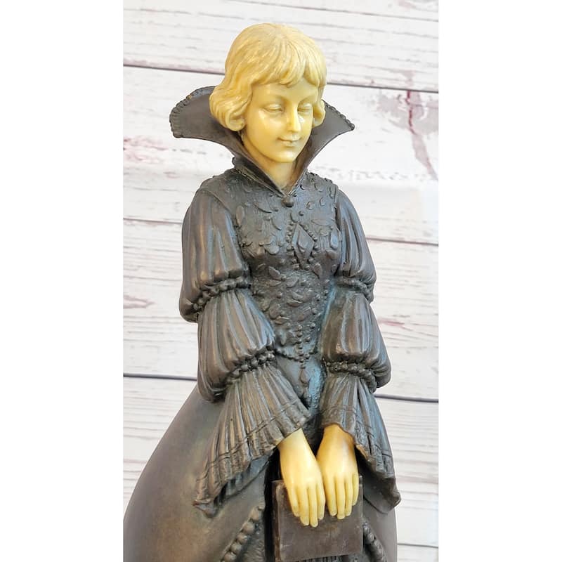 Victorian Era Woman Holding A Book Bronze Sculpture Statue On Marble Base