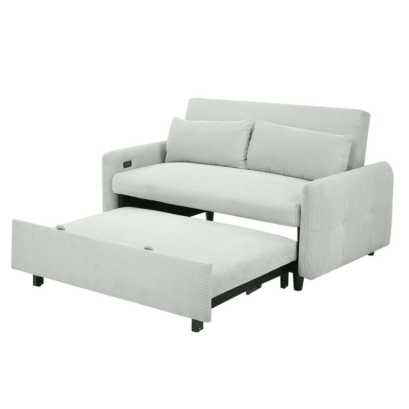 57.48" Pull-out Convertible 2 Seat Loveseat Sofa Bed with USB Ports, Pale Green Corduroy