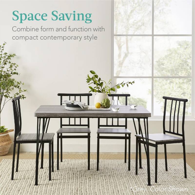 5-Piece Metal and Wood Indoor Modern Rectangular Dining Table Set for Kitchen, Dining Room, Dinette, Breakfast Nook w/ 4 Chairs