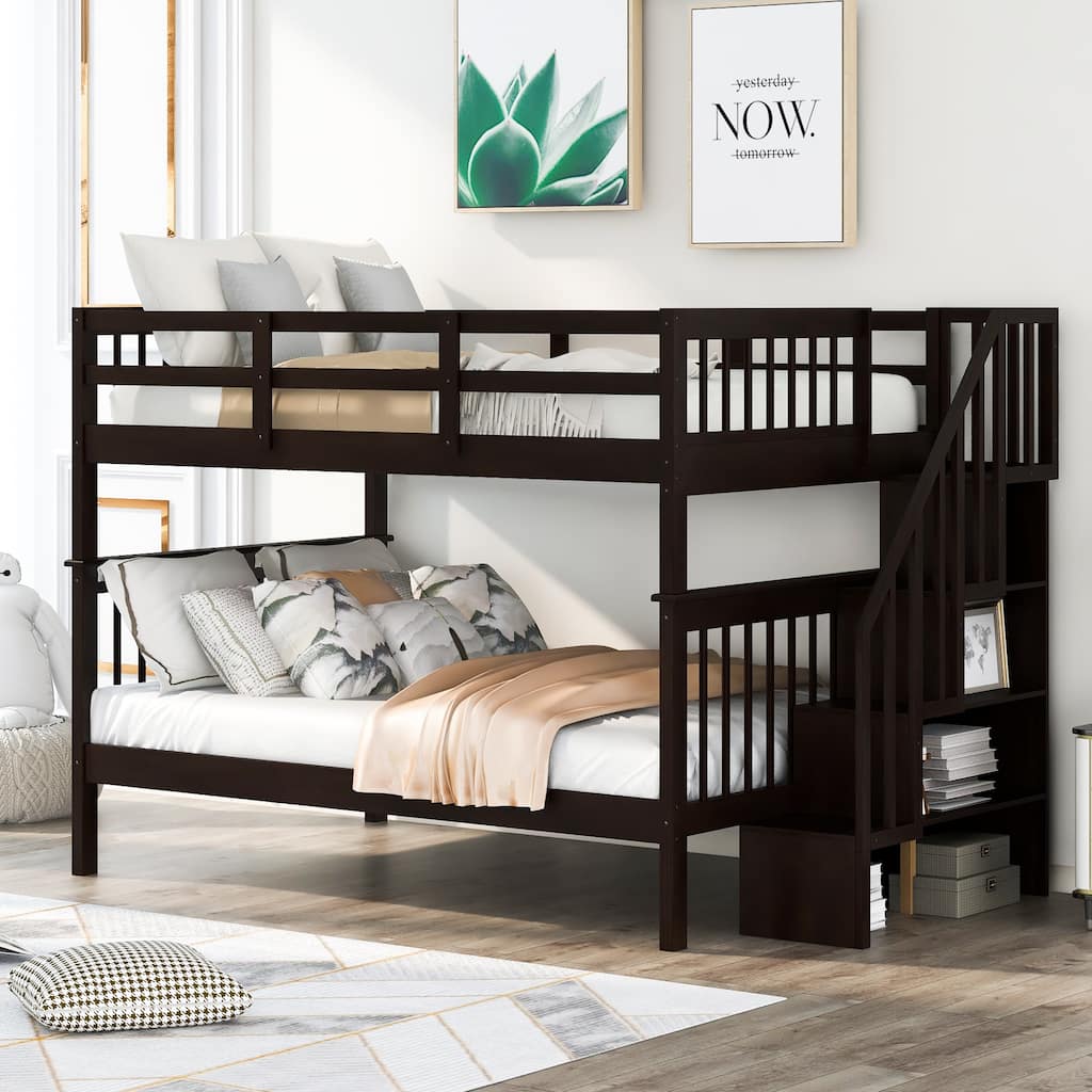 Stairway Full-Over-Full Bunk Bed with Storage and Guard Rail for Bedroom, Dorm, Espresso